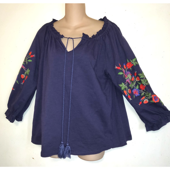 Solitaire Navy Blue Top L Heavily Embroidered Birds Floral Tassels Boho Peasant - Picture 2 of 16